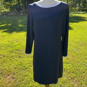 MARY McFADDEN DRESS SHIFT BLUE WHITE BOAT NECK LONG SLEEVE Size 8